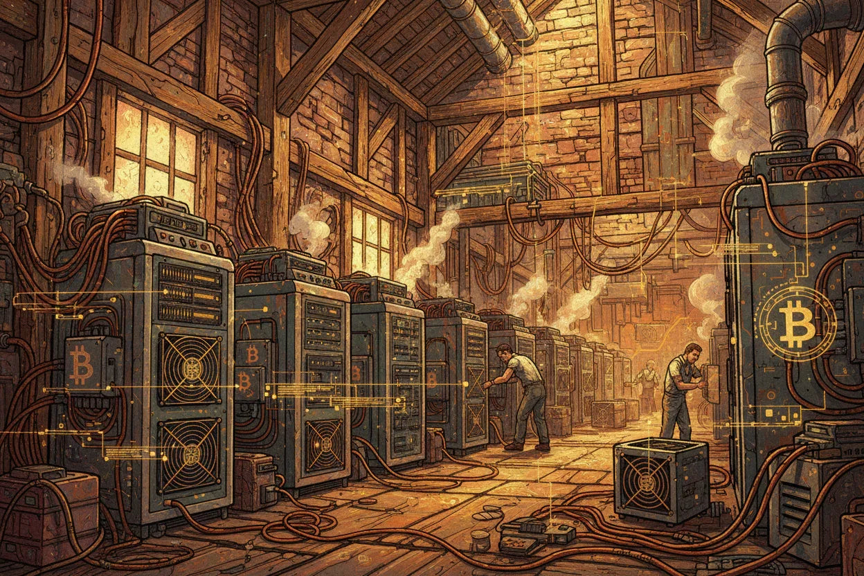 Comic-Stil Illustration von Bitcoin Mining Farm mit Servern, Arbeitern und Bitcoin Symbolen
